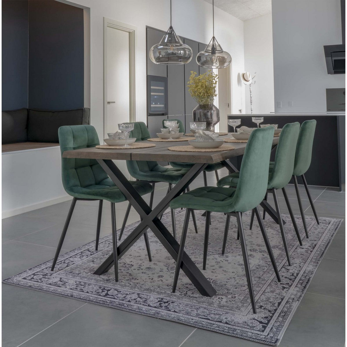 Set di 2 Sedie Middelfart, Verde, Velluto, 55x44x86 cm, Seven Design