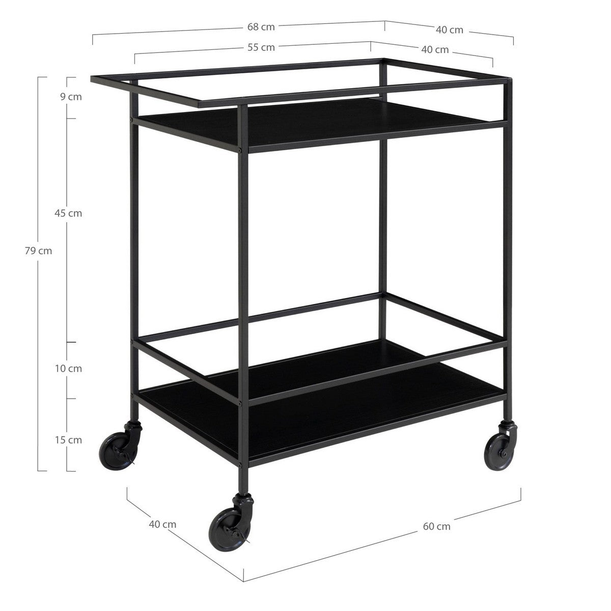 Carrello Vita, Nero, Metallo, 68x40x79 cm, Seven Design