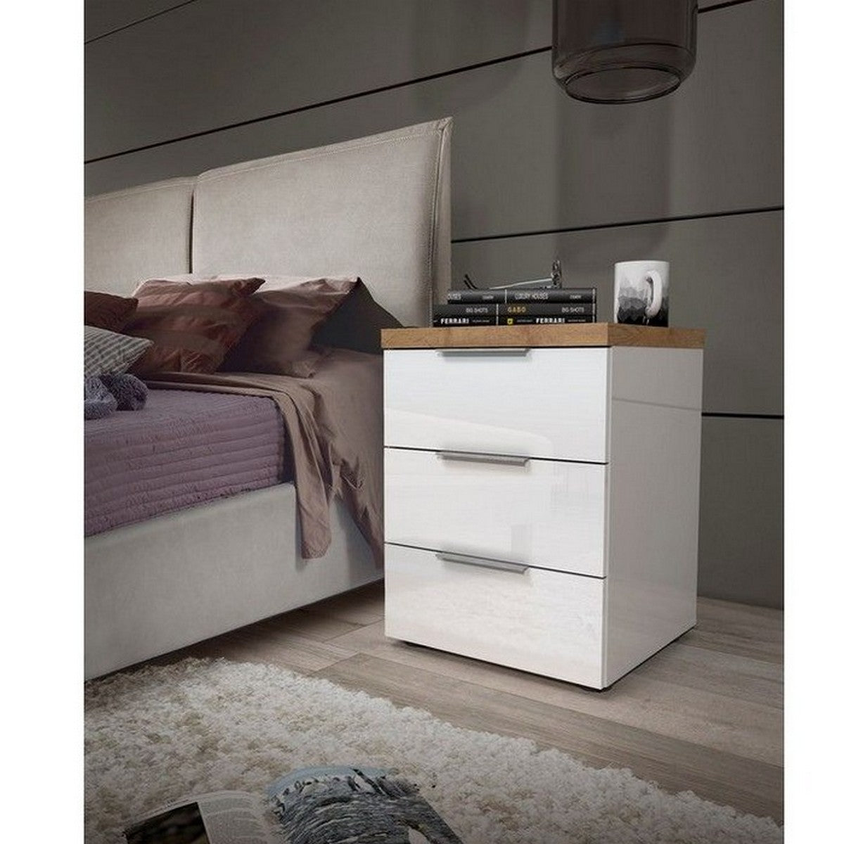 Comodino Idea, Bianco, Truciolare Melaminico, 45x55x43 cm, Seven Design