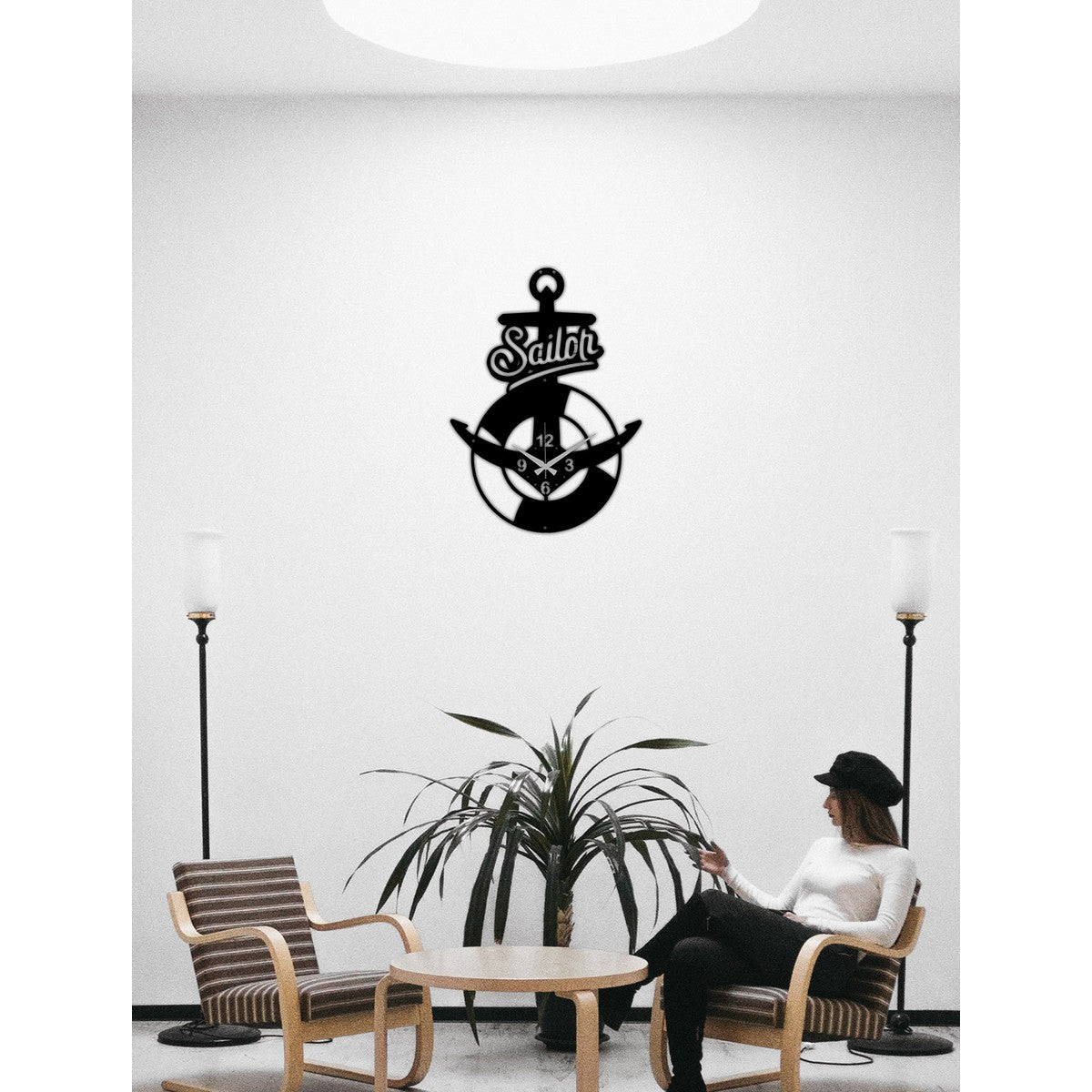 Orologio da Parete Ancora, Nero, Metallo, 36x0,15x50 cm, DESIGN MANIA