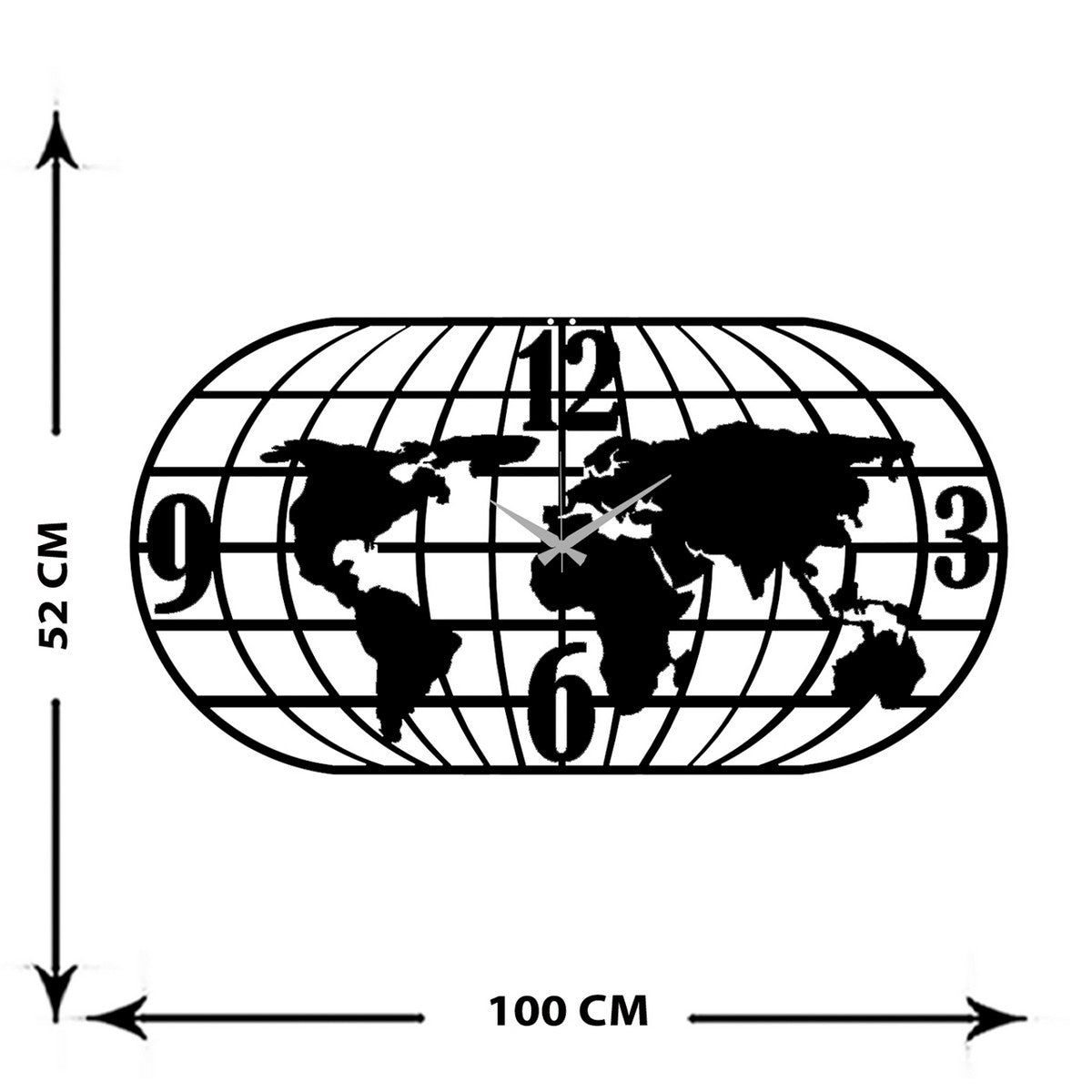 Orologio da Parete Mappa, Nero, Metallo, 100x0,15x52 cm, DESIGN MANIA