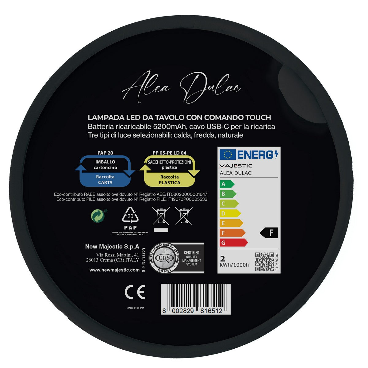 Lampada da Tavolo Ricaricabile Alea Dulac, Nero, Metallo, 12x12x37 cm, Majestic