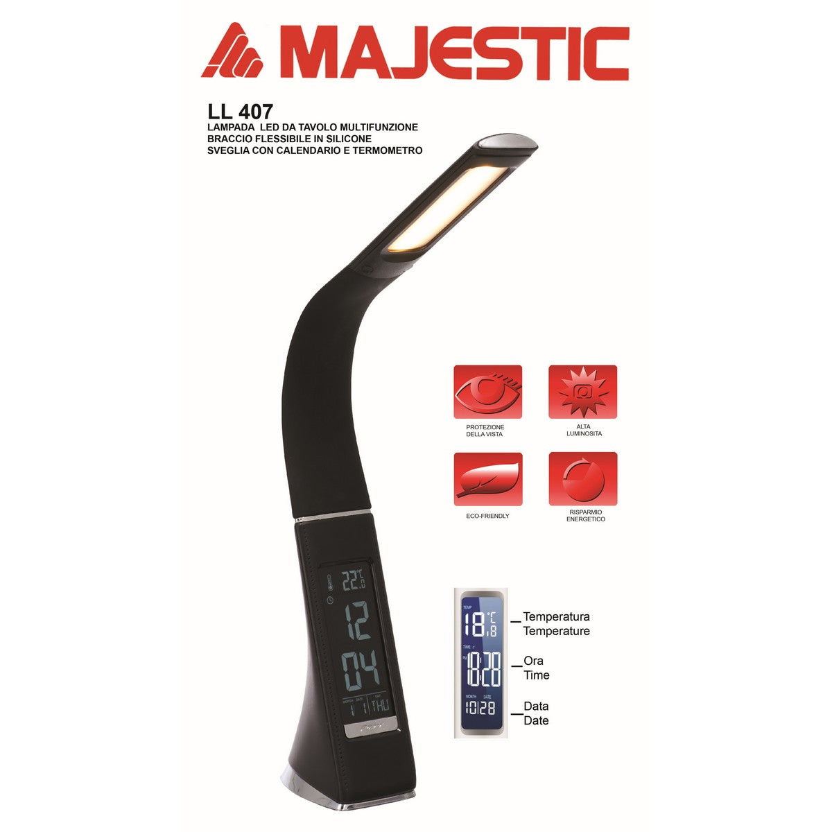 Lampada da Tavolo Smart Lilli, Nero, Plastica, 7,5x9,5x50 cm, Majestic