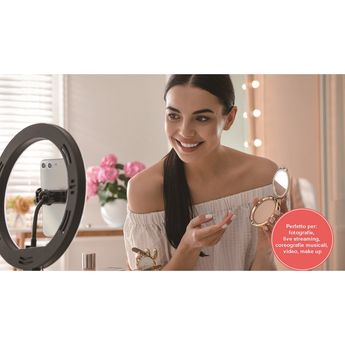 Ring Light Myselfie, Nero, Plastica, 26x26x26 cm, Majestic