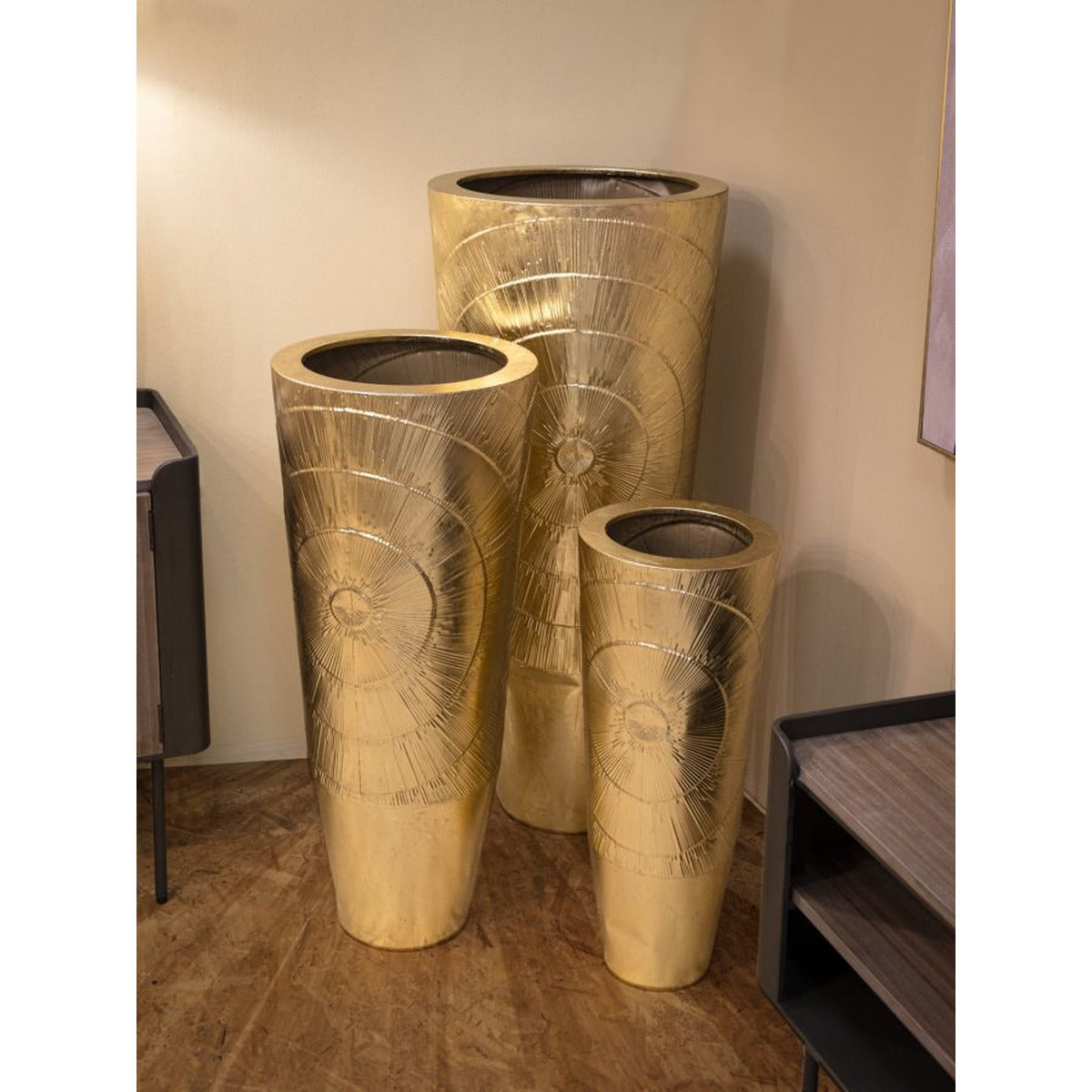 Set di 3 Vasi Decorativi MF418, Oro, Metallo, 50,8x50,8x114,9 cm, Seven Design