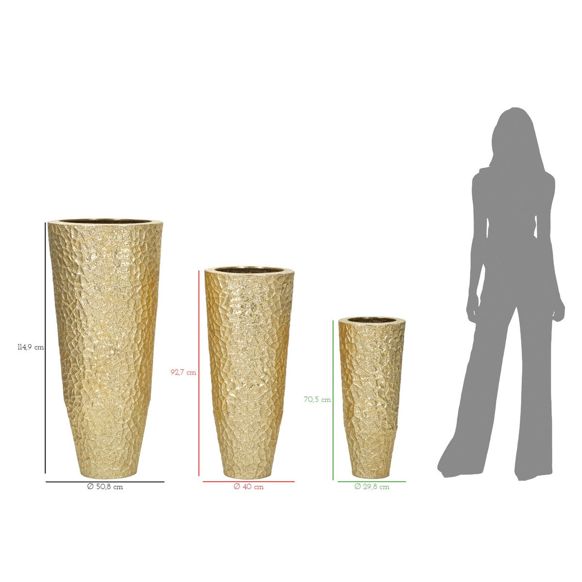 Set di 3 Vasi Decorativi MF419, Oro, Metallo, 50,8x50,8x114,9 cm, Seven Design