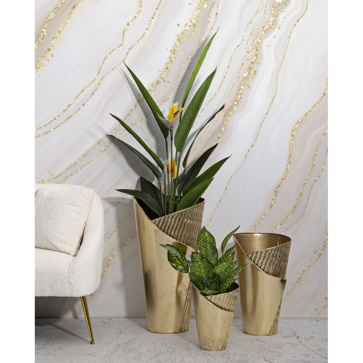 Set di 3 Vasi Decorativi MF423, Oro, Metallo, 39x42x75 cm, Seven Design