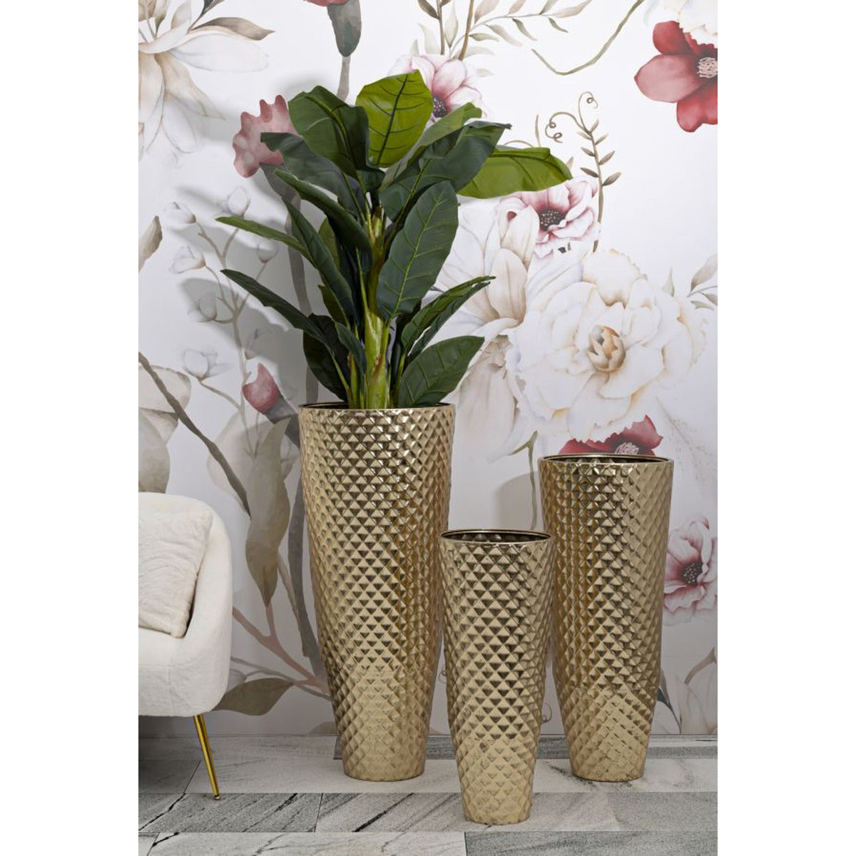 Set di 3 Vasi Decorativi MF420, Oro, Metallo, 48x48x110 cm, Seven Design
