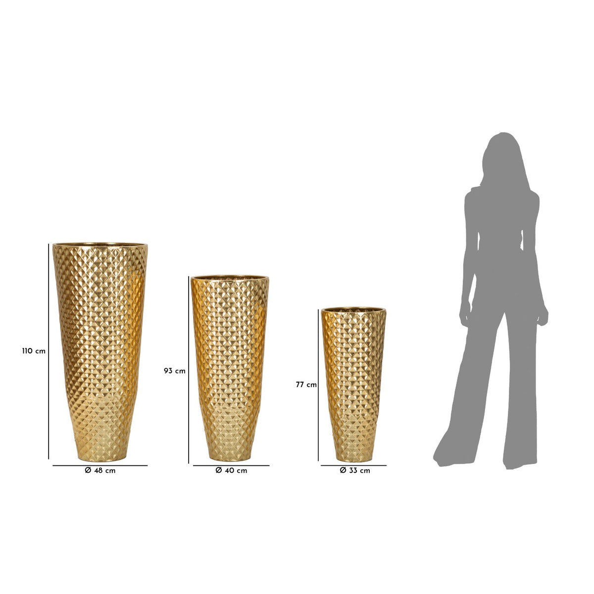 Set di 3 Vasi Decorativi MF420, Oro, Metallo, 48x48x110 cm, Seven Design