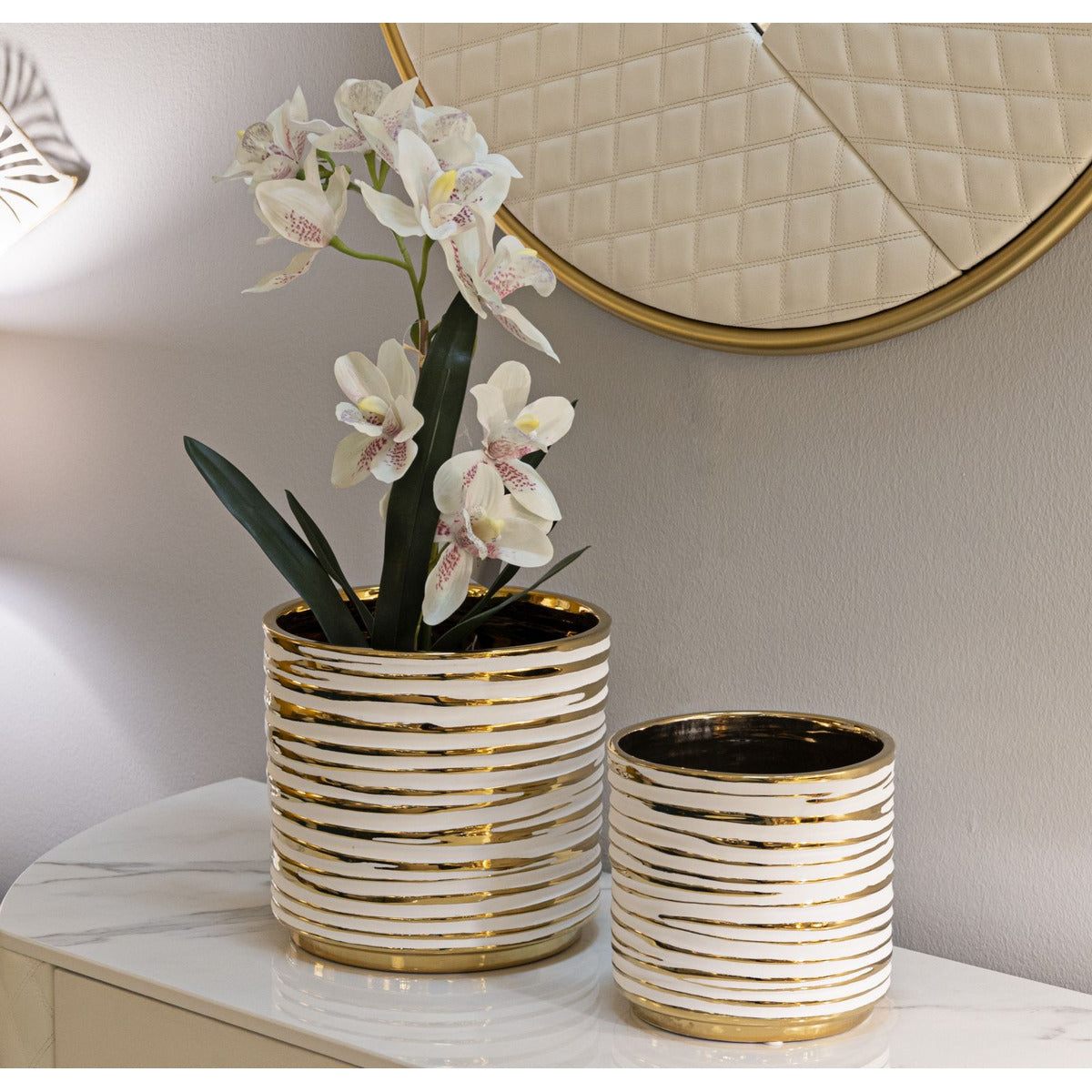 Set di 2 Vasi Decorativi MF385, Oro, Ceramica, 23x23x22 cm, Seven Design