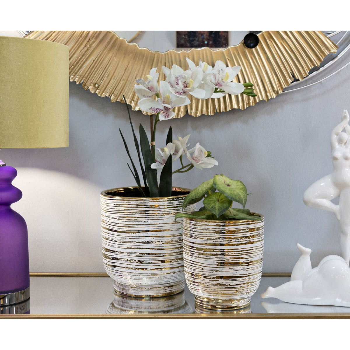 Set di 2 Vasi Decorativi MF387, Oro, Ceramica, 23x23x24 cm, Seven Design