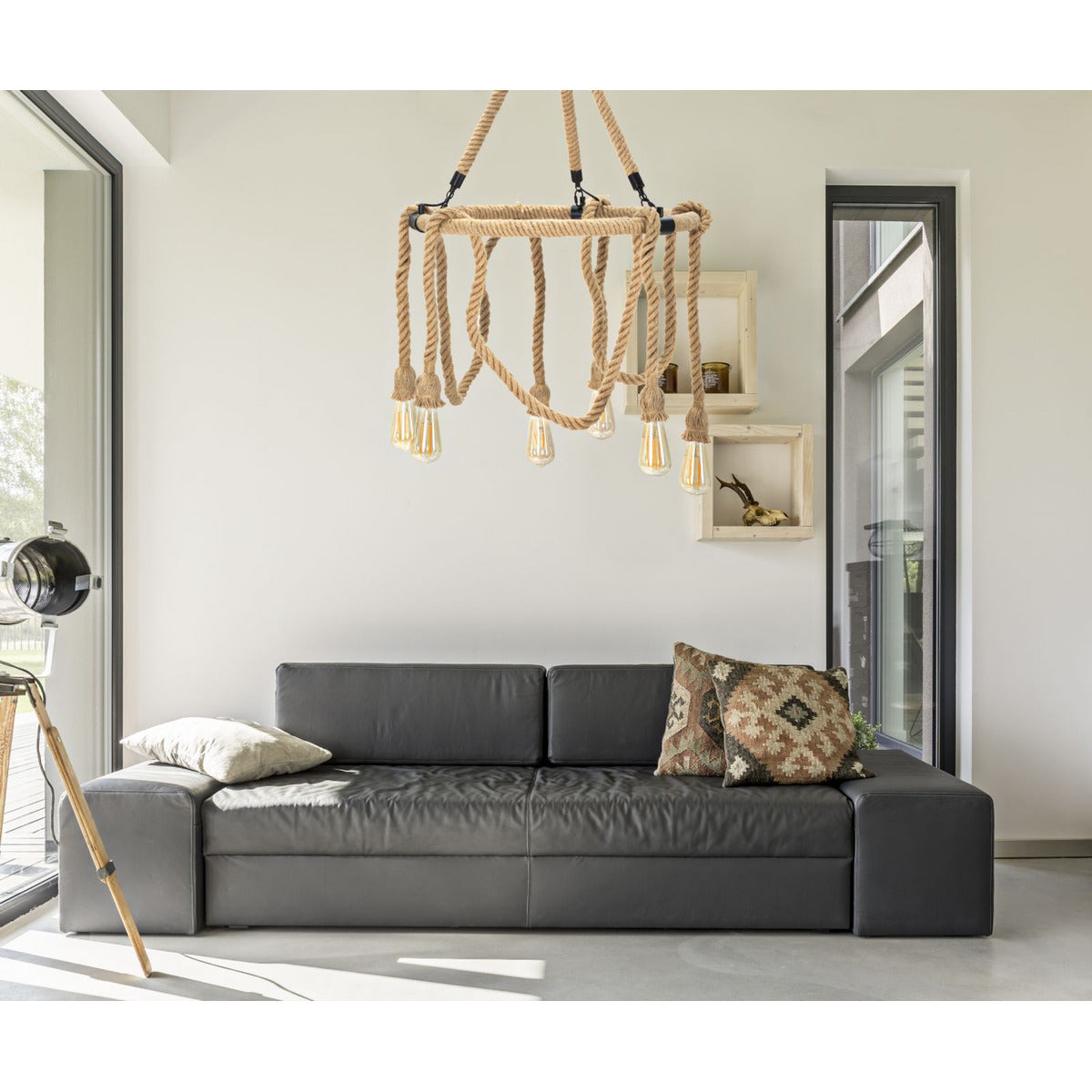 Lampada a Sospensione MF75, Marrone, Corda, 64x64x90 cm, Seven Design