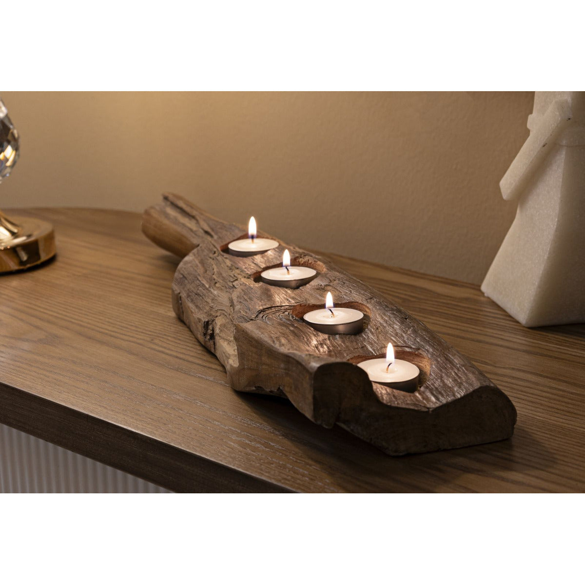 Portacandela Natura 5, Marrone, Legno, 51x14x6 cm, Seven Design