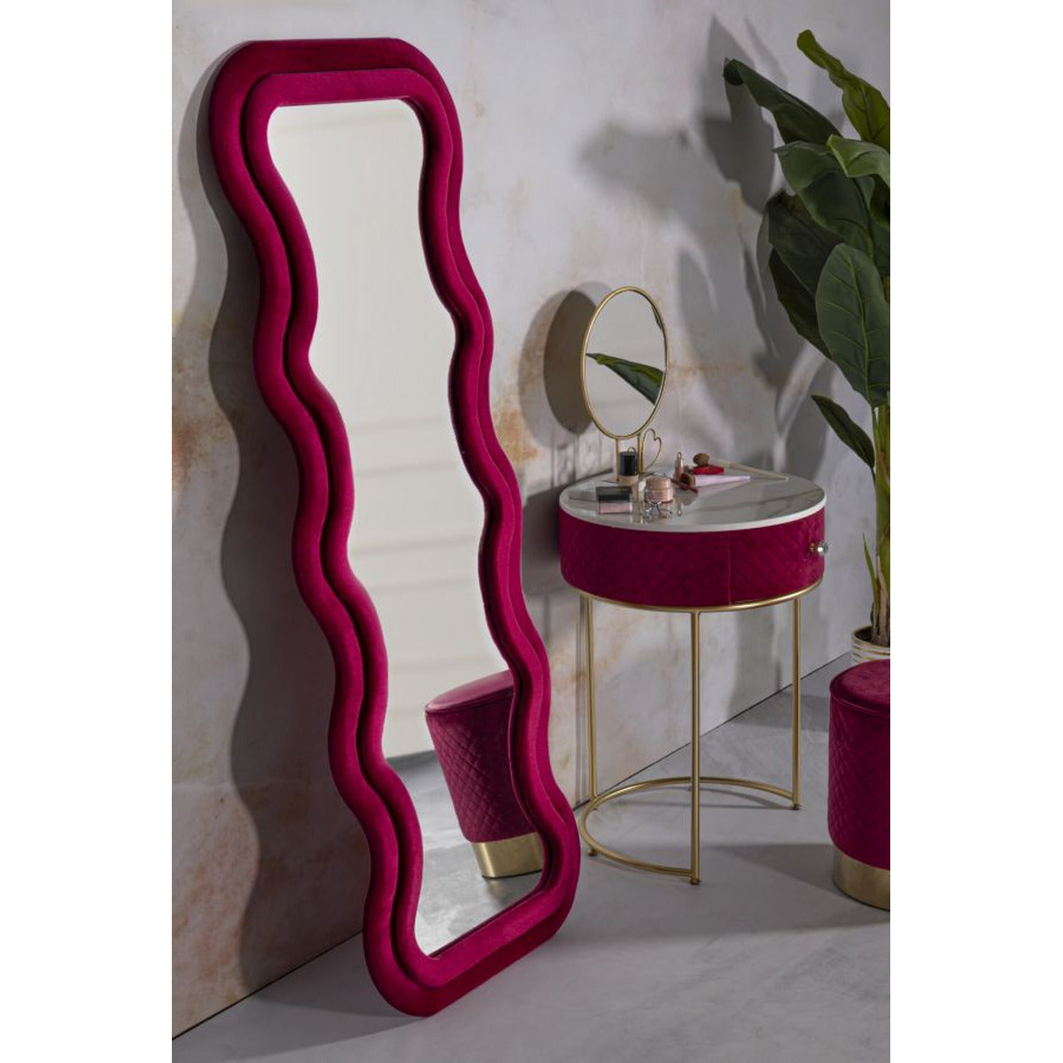 Specchio con Cornice Curve, Rosa, MDF, 160x60x6 cm, Seven Design