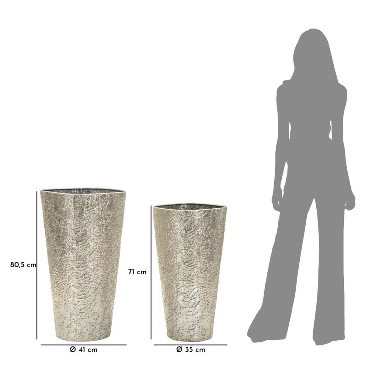 Set di 3 Vasi Decorativi MF774, Argento, Metallo, 41x41x80,5 cm, Seven Design