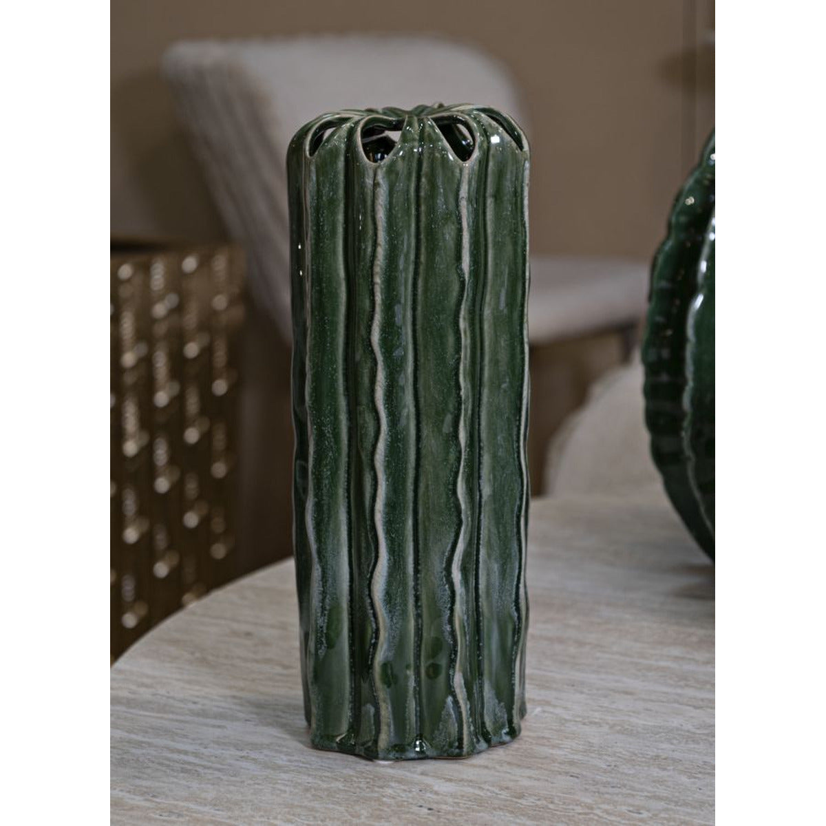 Vaso Decorativo MF848, Verde, Ceramica, 12x12x31,5 cm, Seven Design