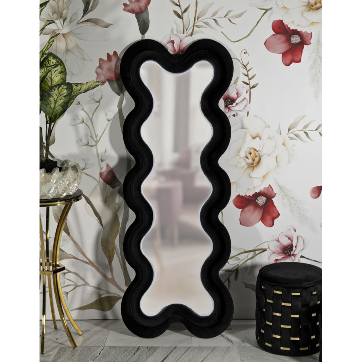 Specchio con Cornice Onda 5, Nero, MDF, 58x4x160 cm, Seven Design