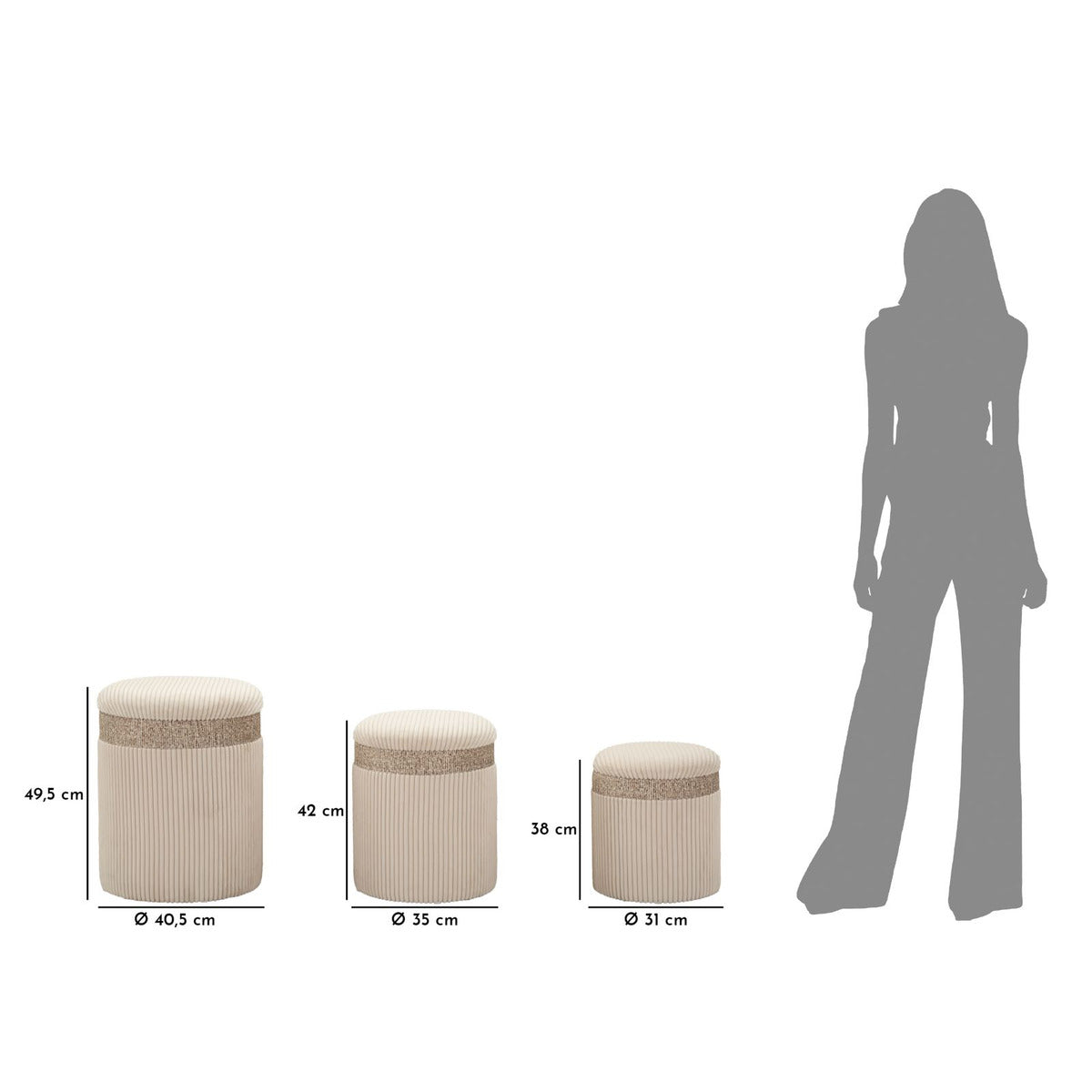 Set di 3 Pouf MF768, Beige, MDF, 40,5x40,5x49,5 cm, Seven Design