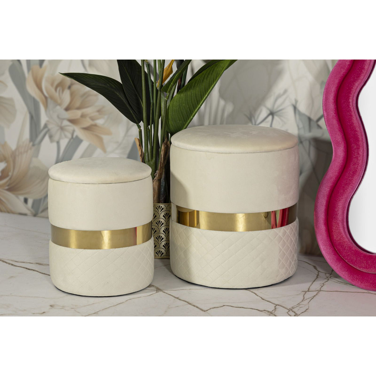 Set di 2 Pouf MF868, Beige, Poliestere, 37x37x42 cm, Seven Design