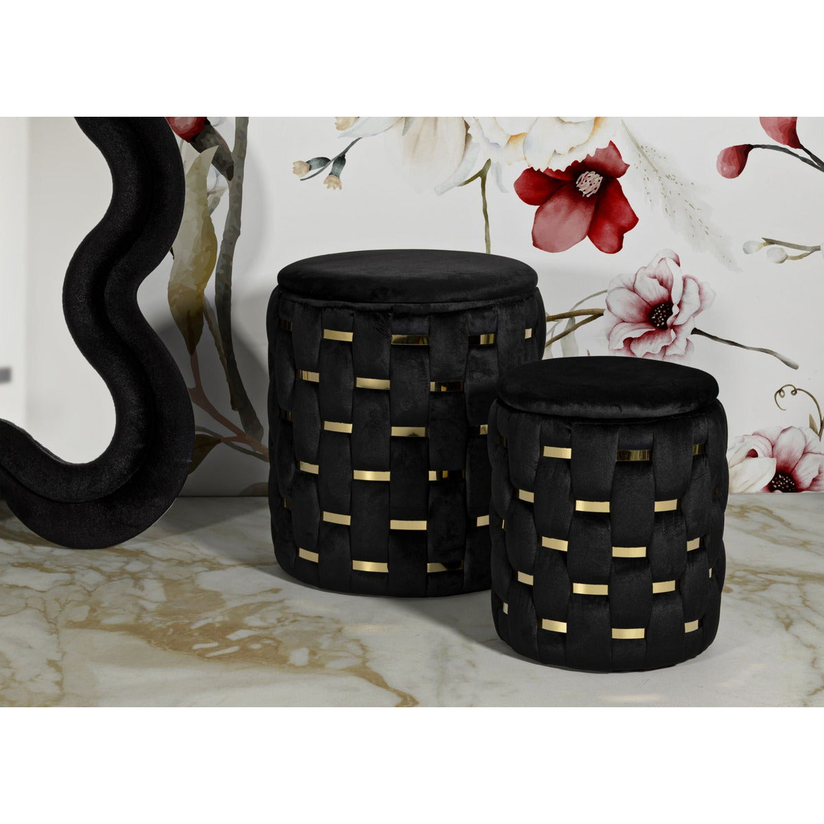 Set di 2 Pouf MF872, Nero, Poliestere, 37x37x42 cm, Seven Design