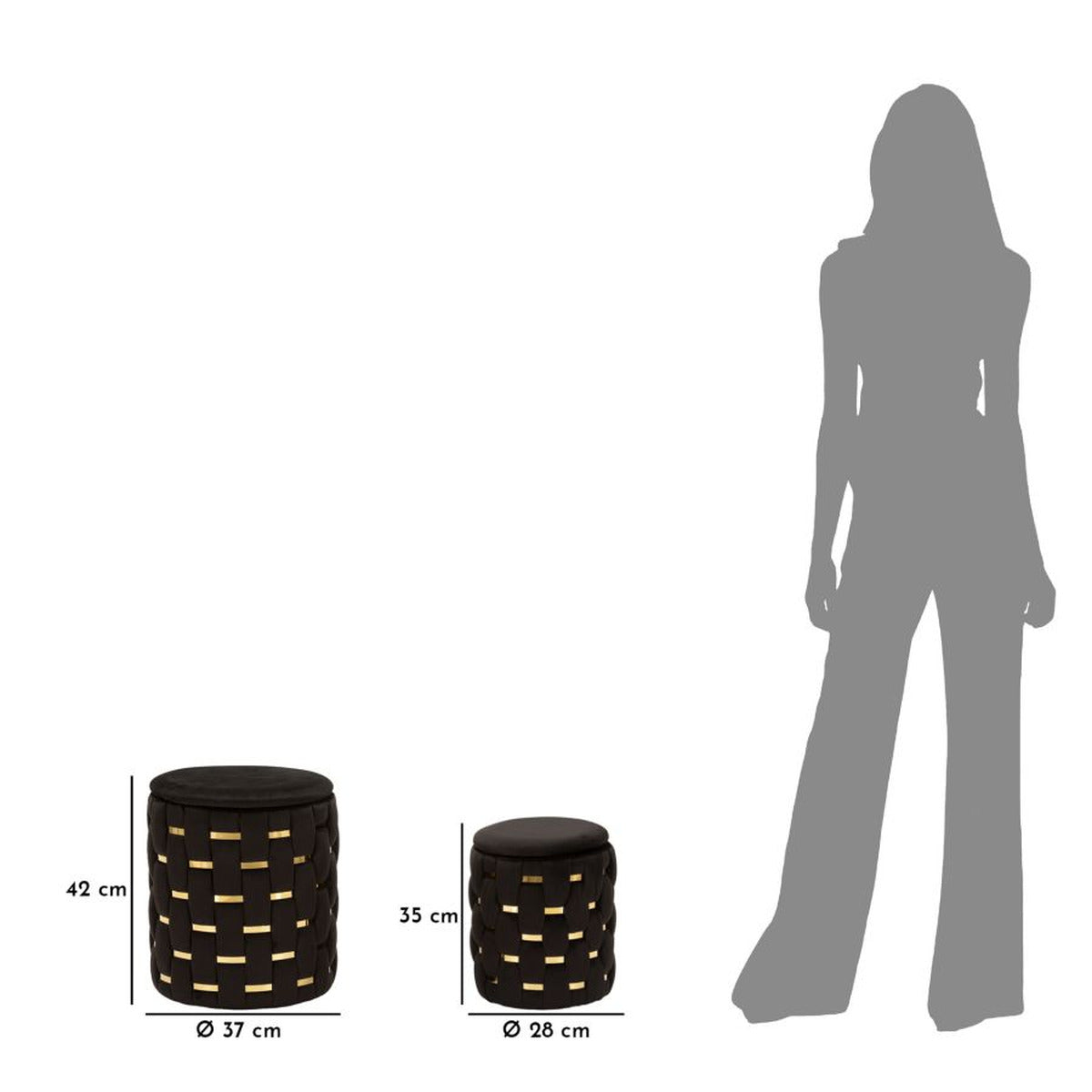 Set di 2 Pouf MF872, Nero, Poliestere, 37x37x42 cm, Seven Design