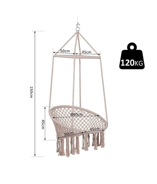 Amaca Sedia Sospesa Ad Altalena Dondolo In Legno Corda Intrecciata Cotone Beige         