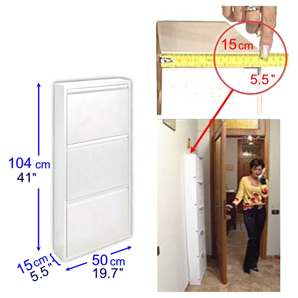Scarpiera SalvaSpazio Slim a 3 Ante BIANCA|L'Originale |15x50x104 cm | 6/9 PAIA di scarpe | Nente da montare
