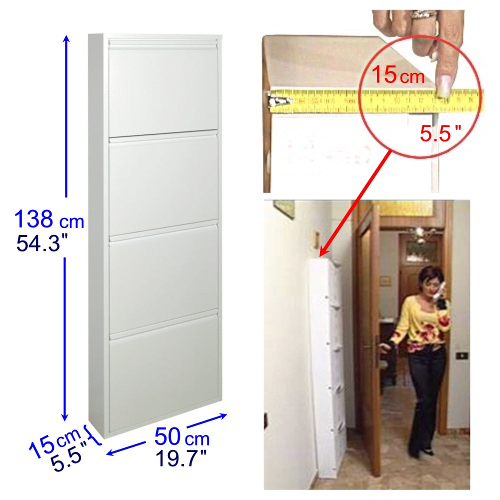Scarpiera SalvaSpazio Slim a 4 Ante BIANCA| L'Originale|15x50x138 cm| 8/12 PAIA di scarpe | Nente da montare