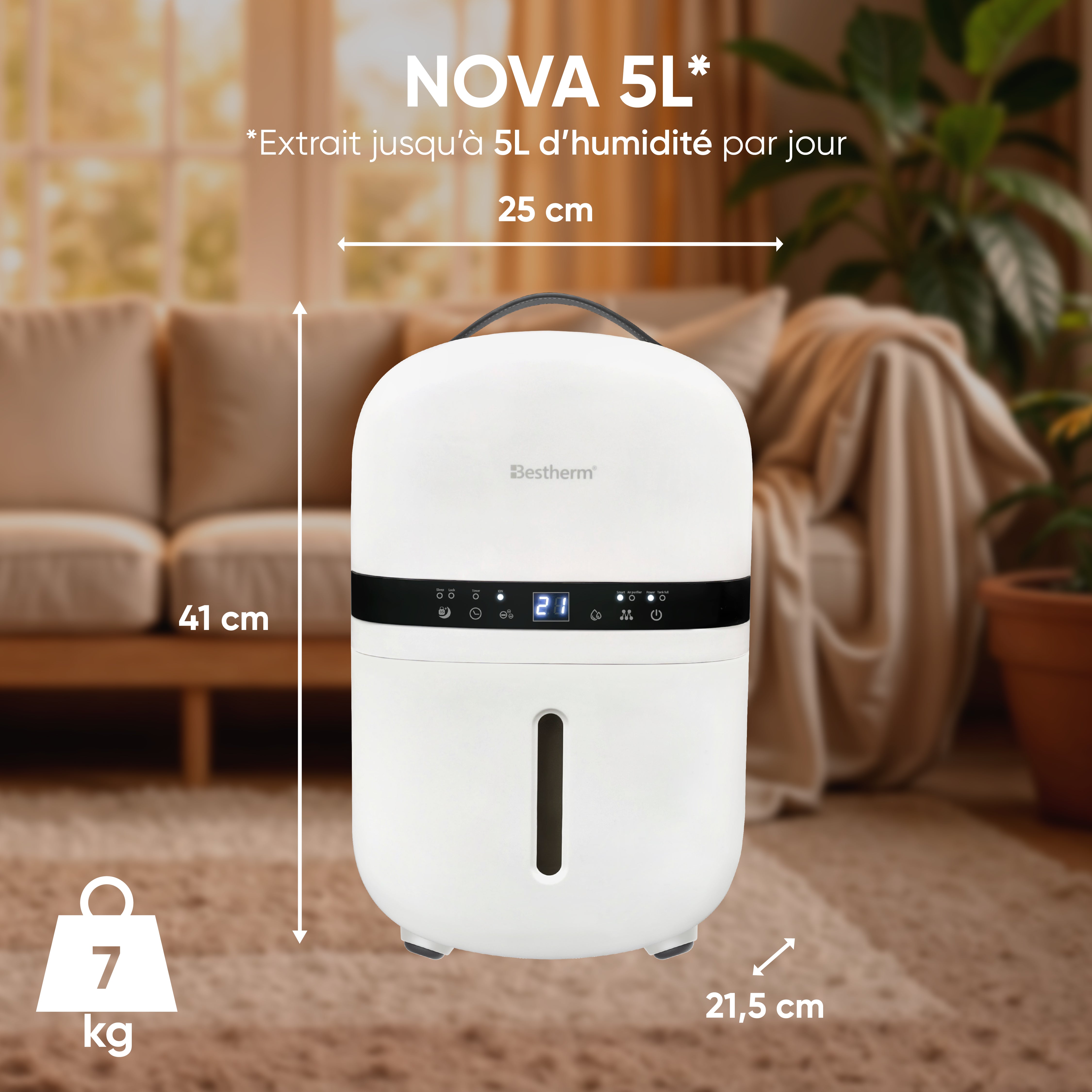 Deumidificatore d'aria Besthem Nova 5L/giorno, serbatoio rimovibile, filtro a carbone attivo
