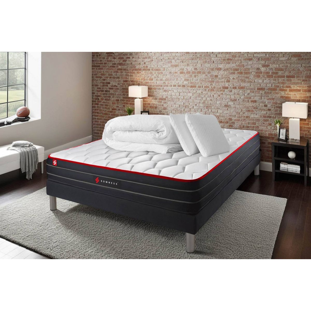 Pacchetto letto completo - Materasso 140x200cm + Box spring con doghe (kit) + 2 cuscini + Piumino - Boost