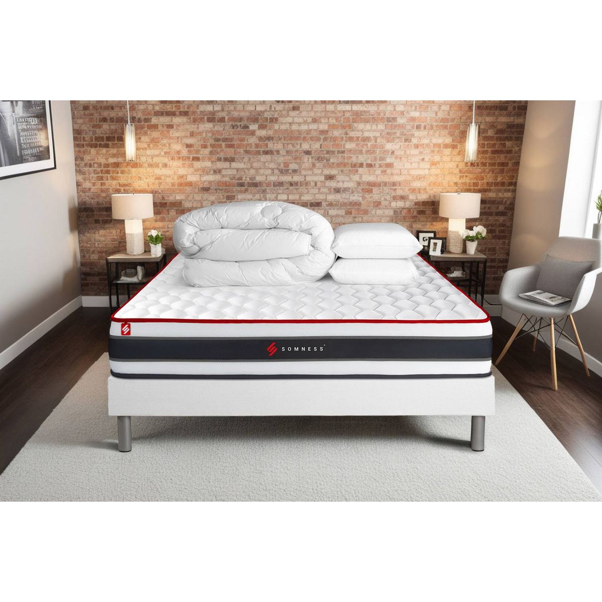 Pacchetto letto completo - Materasso 140x190cm + Box spring con doghe (kit) + 2 cuscini + Piumone - Energy