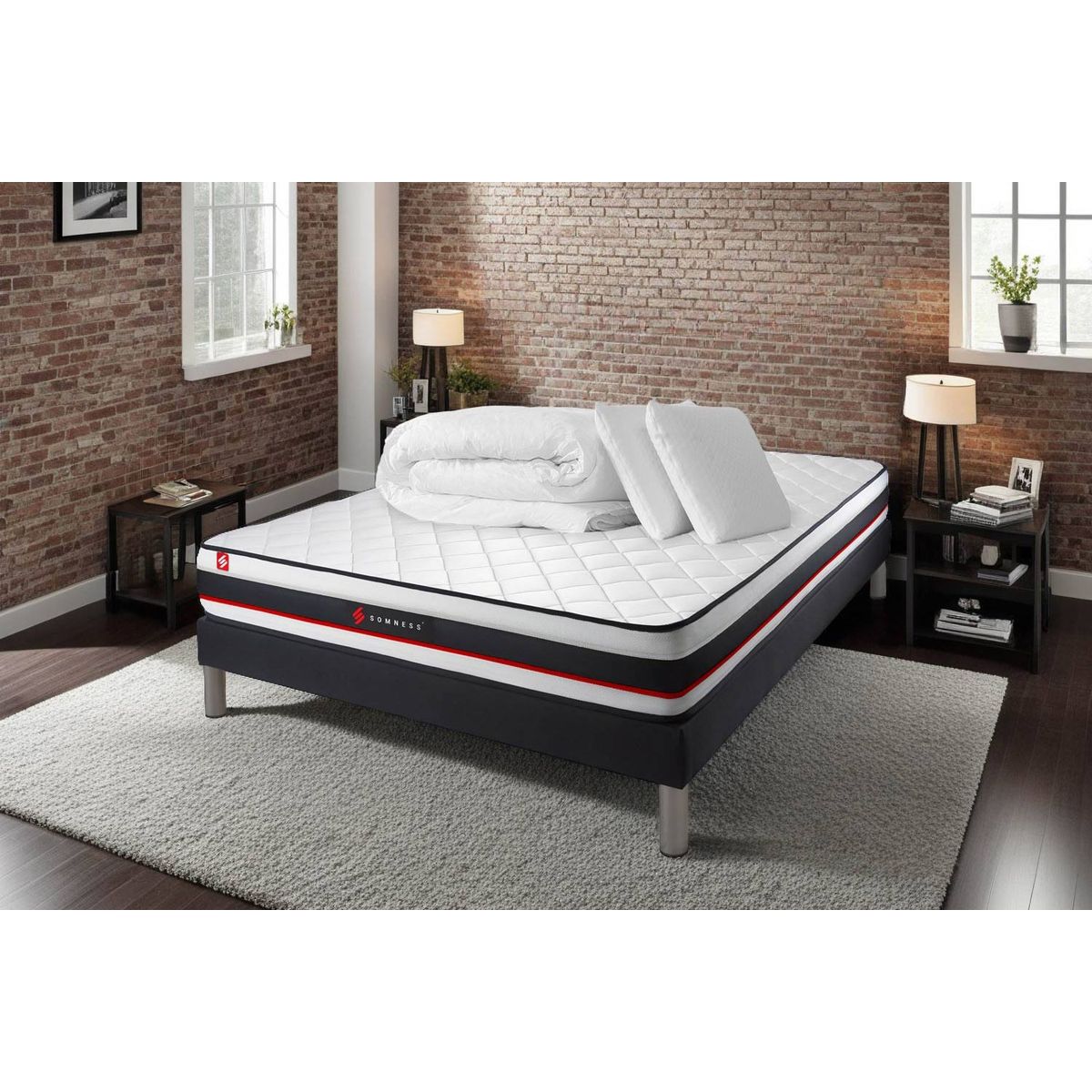 Pacchetto letto completo - Materasso 140x190cm + Box spring con doghe (kit) + 2 cuscini + Piumino - Modulo