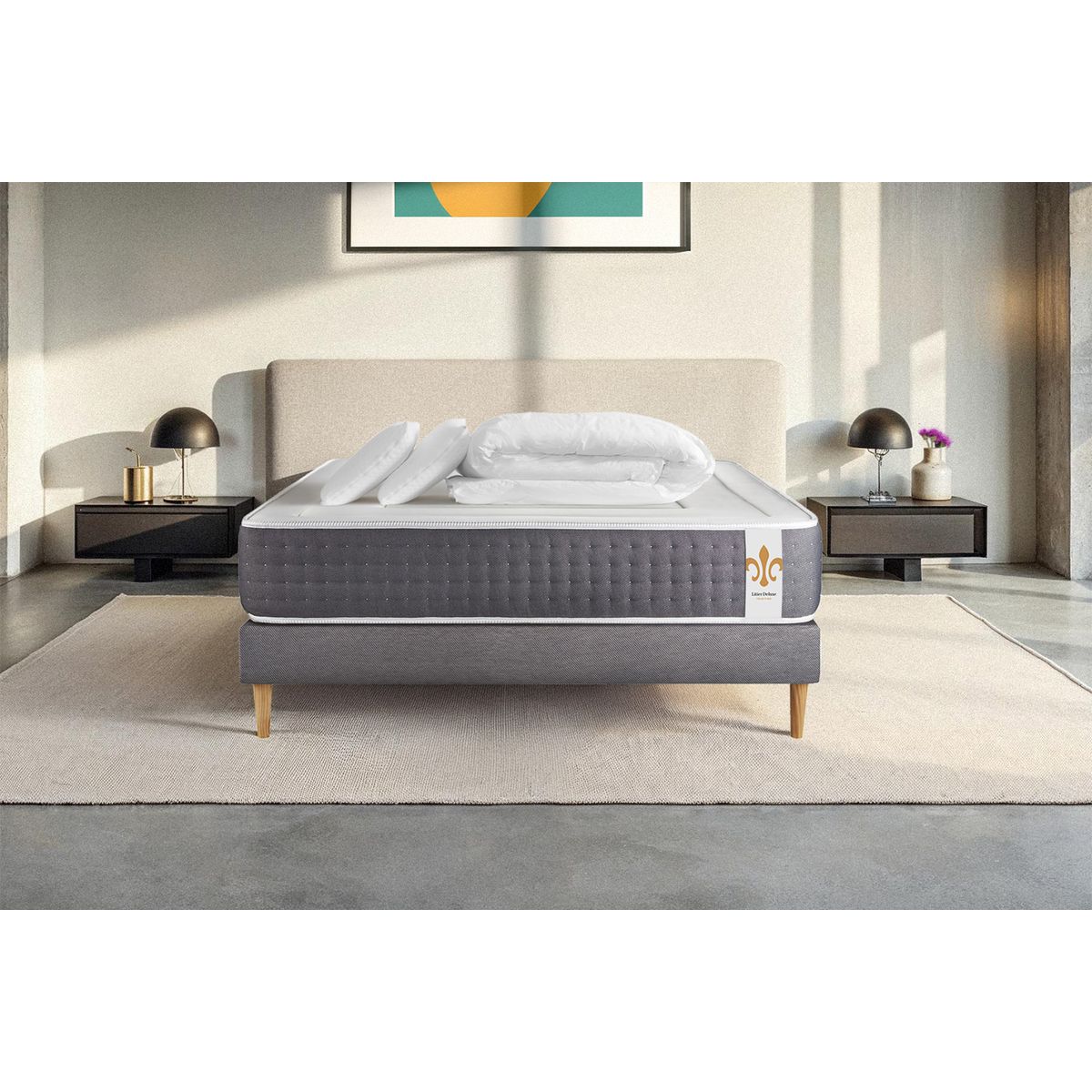 Pacchetto letto completo - Materasso 160x200cm + Box spring con doghe (kit) + 2 cuscini + Piumino - Vingt-Six