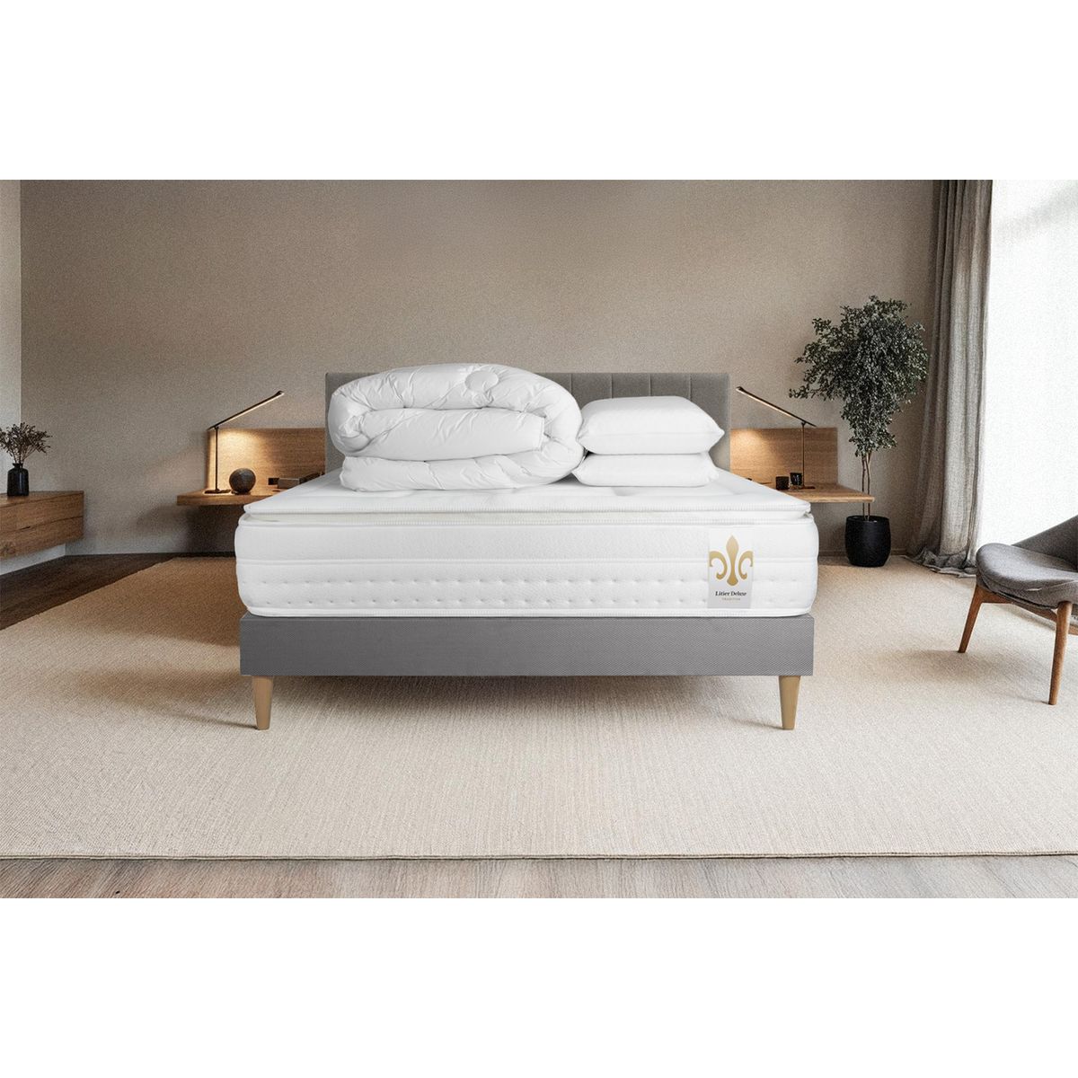Pacchetto letto completo - Materasso 160x200cm + Box spring con doghe (kit) + 2 cuscini + Piumino - Vingt-Huit PLUS