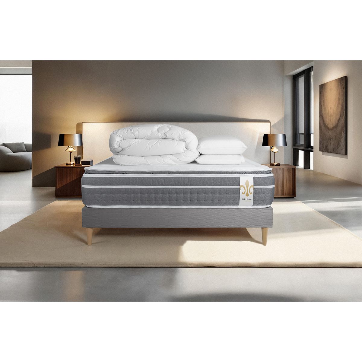 Pacchetto letto completo - Materasso 140x190cm + Box spring con doghe (kit) + 2 cuscini + Piumino - Trente PLUS