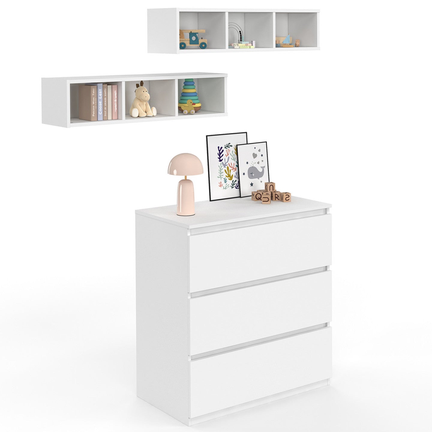 IDMarket - AMBRE cassettiera bianca fasciatoio a 3 cassetti e 2 ripiani estraibili