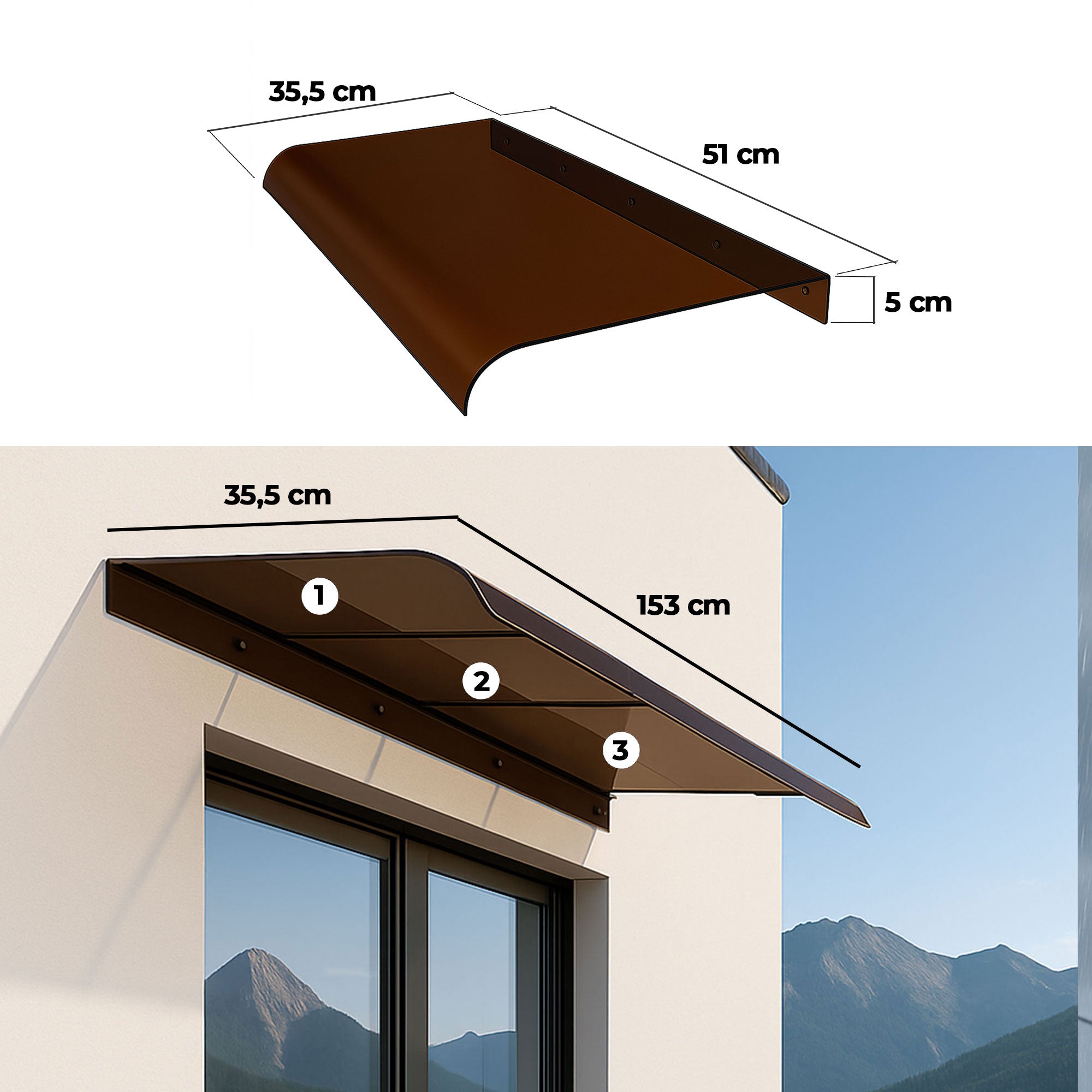 Ame - Set 3 Pensiline Tettoia da Esterno 153x35,5 cm in Policarbonato Fumè