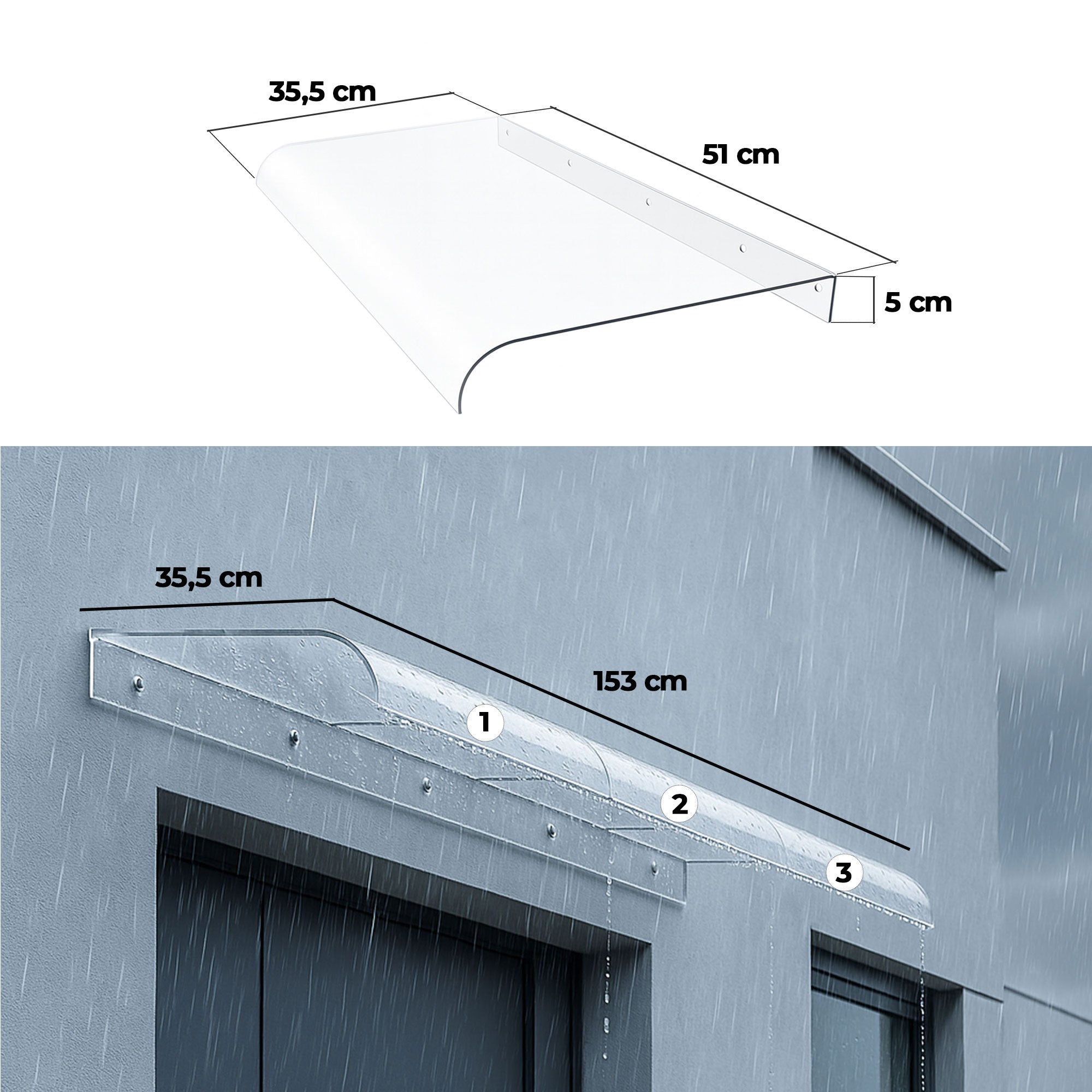 Ame - Set 3 Pensiline Tettoia da Esterno 153x35,5 cm in Policarbonato Trasparente