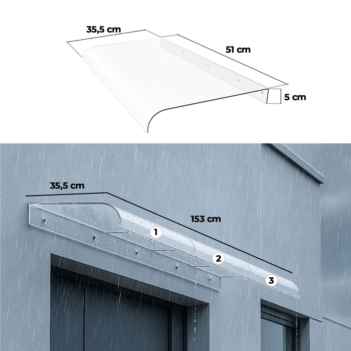 Ame - Set 3 Pensiline Tettoia da Esterno 153x35,5 cm in Policarbonato Trasparente