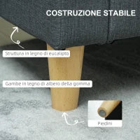 Divano 2 Posti con Spazio Portaoggetti e Cuscini, in Tessuto Effetto Lino e Legno, 135x72x84 cm, Grigio Carbone