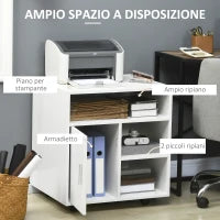 Mobiletto Porta Stampante con Ripiani Aperti e Armadietto in Legno, 60x50x65.5cm, Bianco