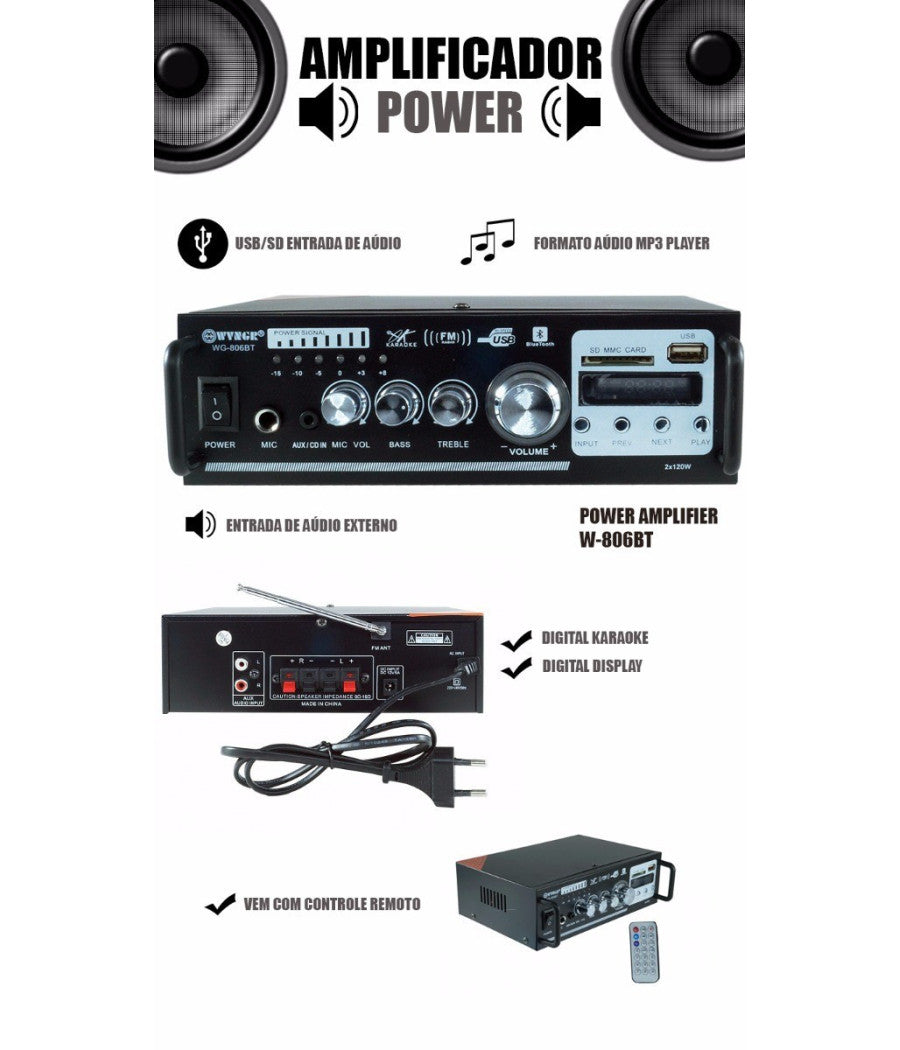 Amplificatore Audio Stereo 2 Canali Bluetooth Microfono Usb Sd Mp3 Karaoke 806bt         
