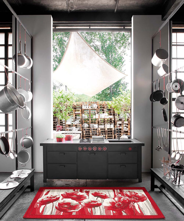 Tappeto AMSTERDAM ROSSO moderno floreale tulipani, passatoia cucina multiuso lavabile antiscivolo cm.55x280