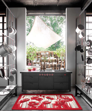 Tappeto AMSTERDAM ROSSO moderno floreale tulipani, passatoia cucina multiuso lavabile antiscivolo cm.55x240