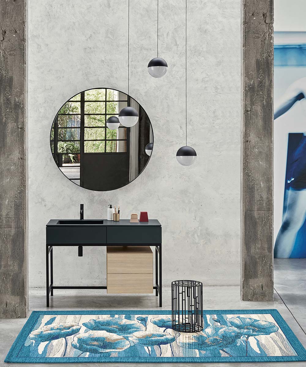 Tappeto AMSTERDAM BLUE JEANS moderno floreale tulipani, tappetino multiuso lavabile antiscivolo cm.55x80