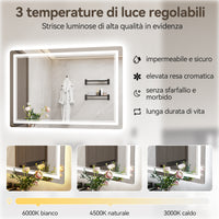 Specchio da Bagno LED 50x70cm - RATTANTREE - Specchio per il Trucco con Illuminazione a 3 colore con controllo a sfioramento - Specchio da Bagno Antiappannamento