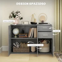 Credenza Moderna con 3 Armadietti e 2 Cassetti, in Legno, 106x35x76 cm, Grigio Chiaro