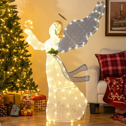 Angelo 3D con aureola pre-illuminato con stella ali e luci LED calde, 152 cm Decorazione natalizia per esterni e interni Giallo-Decorazioni natalizie