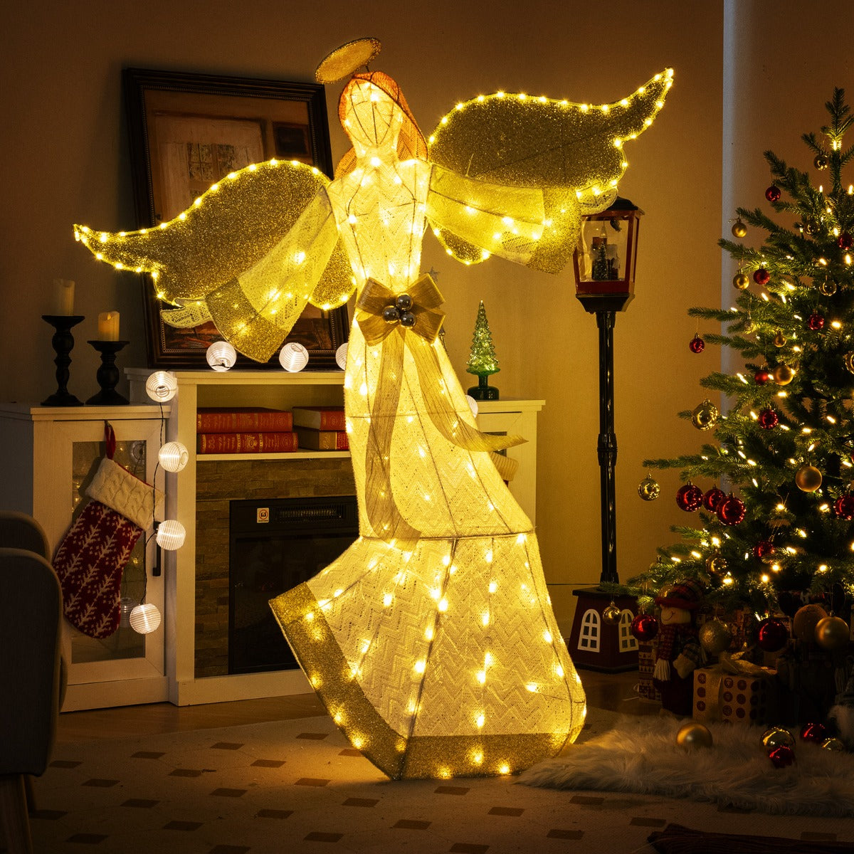 Angelo di Natale pre-illuminato da 160cm, Angelo esterno illuminato con aura ali e 180 luci led bianche calde-Decorazioni natalizie