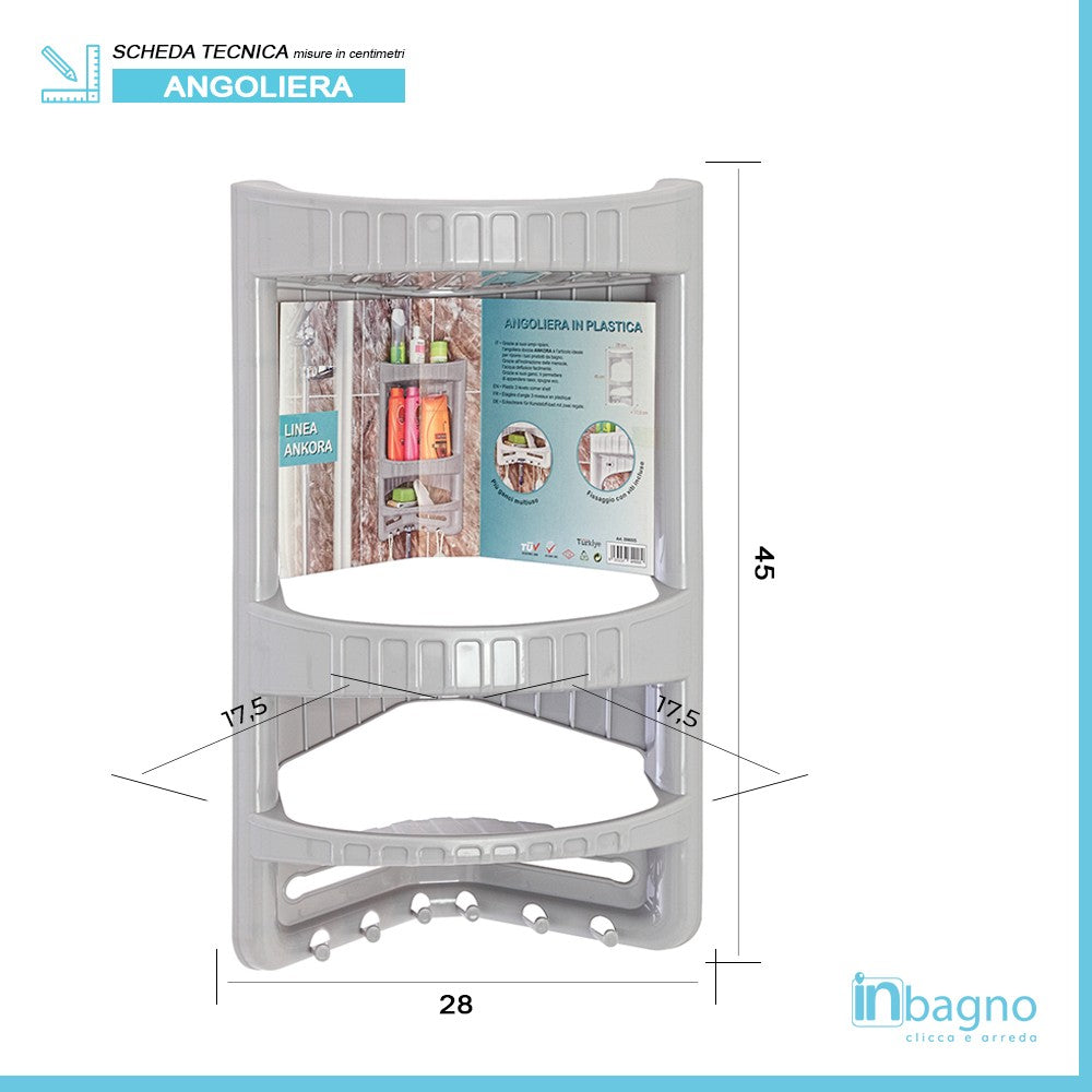 Angoliera doccia grigia 3 ripiani ganci inferiori e fissaggi inclusi